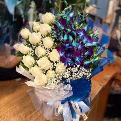 Blue & White Roses With Orchids Flower Bouquet In A Box